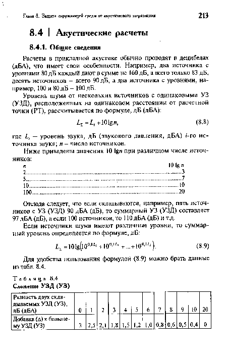 Расчеты в прикладной акустике обычно проводят в децибелах (дБА), что имеет свои особенности. Например, два источника с уровнями 80 дБ каждый дают в сумме не 160 дБ, а всего только 83 дБ, десять источников - всего 90 дБ, а два источника с уровнями, например, 100 и 80 дБ - 100 дБ.