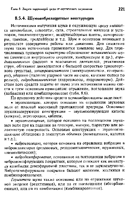 Источниками излучения шума в окружающую среду являются автомобили, самолеты, суда, строительные машины и установки, пневмоинструмент, воздухозаборные шахты, компрессоры, трамваи, троллейбусы и т.д. Шум в основном возникает в результате совершения работы или движения. Для снижения шума таких источников применяется комплекс мер. Для перечисленных примеров характерно образование механического шума (двигатели внутреннего сгорания, компрессоры и др.), аэродинамического (выхлоп и всасывание двигателей, реактивная струя, обтекание движущегося с большой скоростью транспортного средства), электромагнитного (электродвигатели, генераторы), ударного (падение ударной части на сваю, качение колеса по рельсу), гидродинамического (гидронасосы, гидромоторы). Действие всех средств защиты от шума этих источников можно свести к трем основным принципам: отражение, поглощение звука (вибрации) или комбинированные (табл. 8.6).