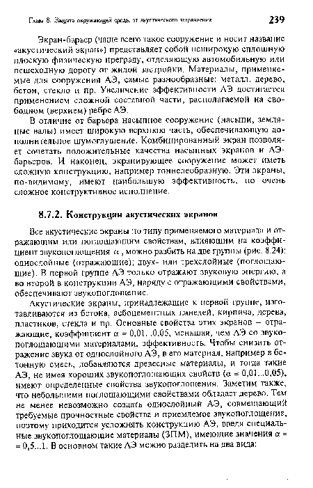 Все акустические экраны по типу применяемого материала и отражающим или поглощающим свойствам, влияющим на коэффициент звукопоглощения а , можно разбить на две группы (рис. 8.24): однослойные (отражающие); двух- или трехслойные (поглощающие). В первой группе АЭ только отражают звуковую энергию, а во второй в конструкции АЭ, наряду с отражающими свойствами, обеспечивают звукопоглощение.