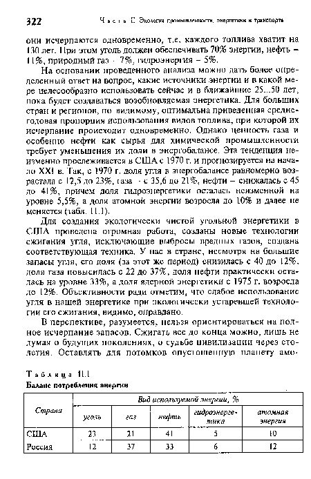 На основании проведенного анализа можно дать более определенный ответ на вопрос, какие источники энергии и в какой мере целесообразно использовать сейчас и в ближайшие 25...50 лет, пока будет создаваться возобновляемая энергетика. Для больших стран и регионов, по-видимому, оптимальна приведенная среднегодовая пропорция использования видов топлива, при которой их исчерпание происходит одновременно. Однако ценность газа и особенно нефти как сырья для химической промышленности требует уменьшения их доли в энергобалансе. Эта тенденция неизменно прослеживается в США с 1970 г. и прогнозируется на начало XXI в. Так, с 1970 г. доля угля в энергобалансе равномерно возрастала с 12,5 до 23%, газа - с 35,6 до 21%, нефти - снижалась с 45 до 41%, причем доля гидроэнергетики осталась неизменной на уровне 5,5%, а доля атомной энергии возросла до 10% и далее не меняется (табл. 11.1).