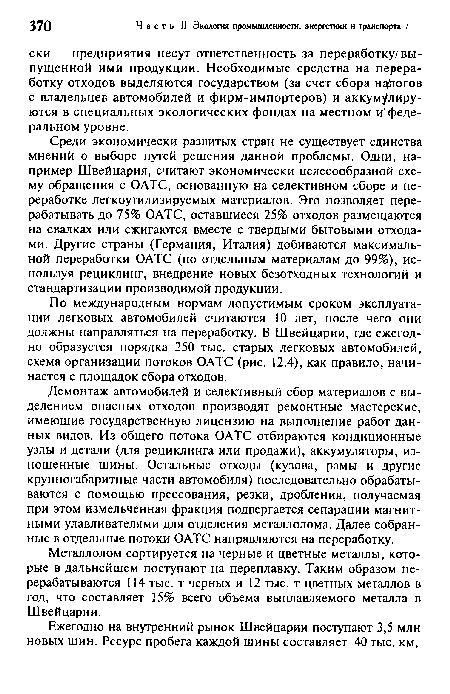 Демонтаж автомобилей и селективный сбор материалов с выделением опасных отходов производят ремонтные мастерские, имеющие государственную лицензию на выполнение работ данных видов. Из общего потока ОАТС отбираются кондиционные узлы и детали (для рециклинга или продажи), аккумуляторы, изношенные шины. Остальные отходы (кузова, рамы и другие крупногабаритные части автомобиля) последовательно обрабатываются с помощью прессования, резки, дробления, получаемая при этом измельченная фракция подвергается сепарации магнитными улавливателями для отделения металлолома. Далее собранные в отдельные потоки ОАТС направляются на переработку.