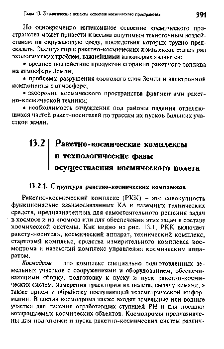 Ракетно-космический комплекс (РКК) - это совокупность функционально взаимосвязанных КА и наземных технических средств, предназначенных для самостоятельного решения задач в космосе и из космоса или для обеспечения этих задач в составе космической системы. Как видно из рис. 13.1, РКК включает ракету-носитель, космический аппарат, технический комплекс, стартовый комплекс, средства измерительного комплекса космодрома и наземный комплекс управления космическим аппаратом.