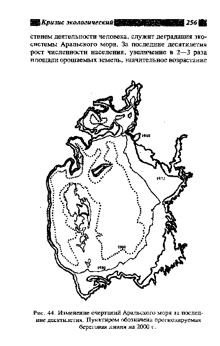 Изменение очертаний Аральского моря за последние десятилетия. Пунктиром обозначена прогнозируемая береговая линия на 2000 г.