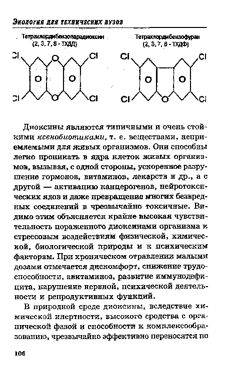 Диоксины являются типичными и очень стойкими ксенобиотиками, т. е. веществами, неприемлемыми для живых организмов. Они способны легко проникать в ядра клеток живых организмов, вызывая, с одной стороны, ускоренное разрушение гормонов, витаминов, лекарств и др., а с другой — активацию канцерогенов, нейротокси-ческих ядов и даже превращение многих безвредных соединений в чрезвычайно токсичные. Видимо этим объясняется крайне высокая чувствительность пораженного диоксинами организма к стрессовым воздействиям физической, химической, биологической природы и к психическим факторам. При хроническом отравлении малыми дозами отмечается дискомфорт, снижение трудоспособности, авитаминоз, развитие иммунодефицита, нарушение нервной, психической деятельности и репродуктивных функций.