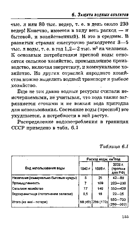 Еще не так давно водные ресурсы считали неисчерпаемыми, не учитывая, что вода также загрязняется стоками и не всякая вода пригодна для использования. Состояние воды (пресной) все ухудшается, а потребности в ней растут.