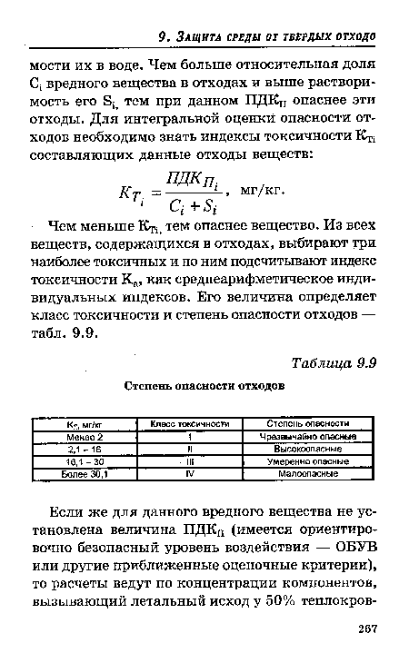 Чем меньше КТ1> тем опаснее вещество. Из всех веществ, содержащихся в отходах, выбирают три наиболее токсичных и по ним подсчитывают индекс токсичности Ка, как среднеарифметическое индивидуальных индексов. Его величина определяет класс токсичности и степень опасности отходов — табл. 9.9.