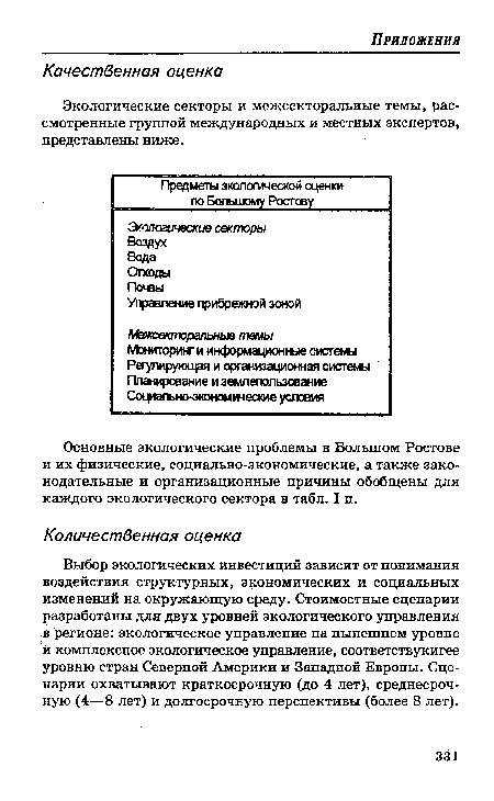 Выбор экологических инвестиций зависит от понимания воздействия структурных, экономических и социальных изменений на окружающую среду. Стоимостные сценарии разработаны для двух уровней экологического управления в регионе: экологическое управление на нынешнем уровне и комплексное экологическое управление, соответствукигее уровню стран Северной Америки и Западной Европы. Сценарии охватывают краткосрочную (до 4 лет), среднесрочную (4—8 лет) и долгосрочную перспективы (более 8 лет).