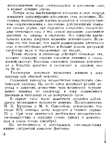 Подновкой наносится механическое повреждение смолоносной системы. На месте среза возникает резкий перепад в давлении, вследствие чего начинается передвижение живицы по смолоходу в зону пониженного давления и выделение ее на повер Хность среза.