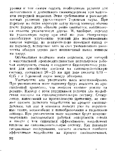 Оптимальная величина шага подновки, при которой с максимальной производительностью используется рабочая поверхность ствола и создаются благоприятные условия для воздействия кислоты на самовыделительную систему, составляет 20—25 мм при дозе кислоты 0,10 — 0,15 г и 7-дневной паузе между обходами.