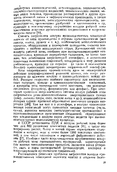 В СССР установлены ПДК в воздухе рабочей зоны более чем для 800 различных химических веществ [6], и число это непрерывно растет. Всего в нашей стране нормировано содержание в воздухе, воде и почве более 1200 токсичных соединений, в том числе пестицидов и аэрозолей фиброгенного действия [7]. Наиболее часто встречающимися загрязнениями воздуха рабочей зоны промышленных предприятий, характерными Для многих технологических процессов, являются оксид углерода, пыль и пары растворителей (углеводороды, кислород- и хлорсодержащие органические соединения).