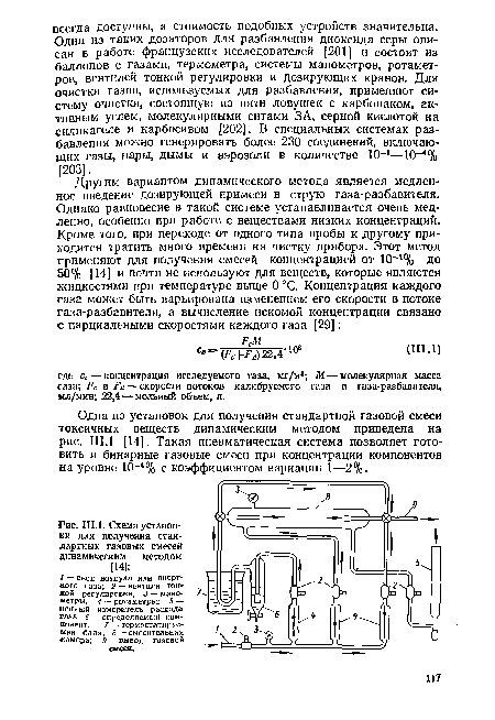 Схема установки для получения стандартных газовых смесей динамическим методом [14]