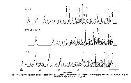 Хроматограмма газов, выделенных из каучуков, полученная на медной капиллярной колонке (70 мХ0,25 мм) со