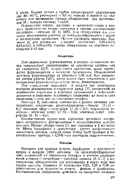 Количественное определение акролеина проводили измерением интенсивности флуоресценции с использованием желтого фильтра. Предел обнаружения 0,1 мкг акролеина в 5 мл элюа-та. Метод специфичен в присутствии других алифатических альдегидов, кетонов, оксидов азота. Отбор проб проводят в поглотительные приборы с 0,25%-ным раствором гидроксиламина.