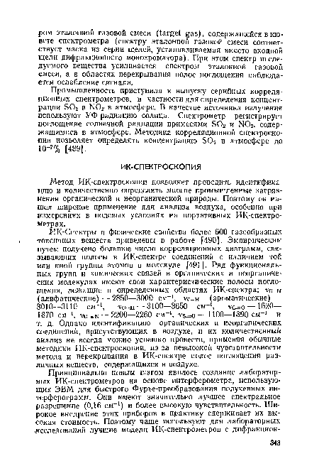 Метод ИК-спектроскопии позволяет проводить идентификацию и количественно определять многие промышленные загрязнения органической и неорганической природы. Поэтому он нашел широкое применение для анализа воздуха, особенно при измерениях в полевых условиях на портативных ИК-спектро-метрах.