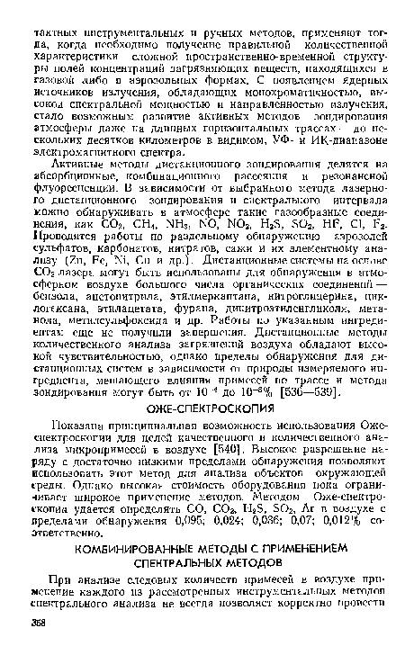 Показана принципиальная возможность использования Оже-спектроскопии для целей качественного и количественного анализа микропримесей в воздухе [540]. Высокое разрешение наряду с достаточно низкими пределами обнаружения позволяют использовать этот метод для анализа объектов окружающей среды. Однако высокая стоимость оборудования пока ограничивает широкое применение методов. Методом Оже-спектро-скопии удается определять СО, С02, Н23, 302, Аг в воздухе с пределами обнаружения 0,095; 0,024; 0,036; 0,07; 0,012% соответственно.