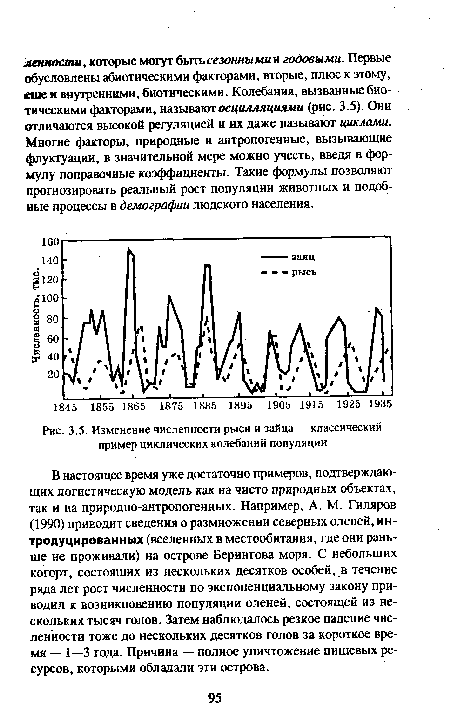 Изменение численности рыси и зайца — классический пример циклических колебаний популяции