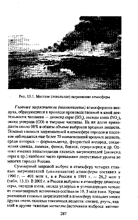 Главные загрязнители (поллютанты) атмосферного воздуха, образующиеся в процессе производственной и иной деятельности человека — диоксид серы (Б02), оксиды азота (N0 ), оксид углерода (СО) и твердые частицы. На их долю приходится около 98% в общем объеме выбросов вредных веществ. Помимо главных загрязнителей в атмосфере городов и поселков наблюдается еще более 70 наименований вредных веществ, среди которых — формальдегид, фтористый водород, соединения свинца, аммиак, фенол, бензол, сероуглерод и др. Однако именно концентрации главных загрязнителей (диоксид серы и др.) наиболее часто превышают допустимые уровни во многих городах России.