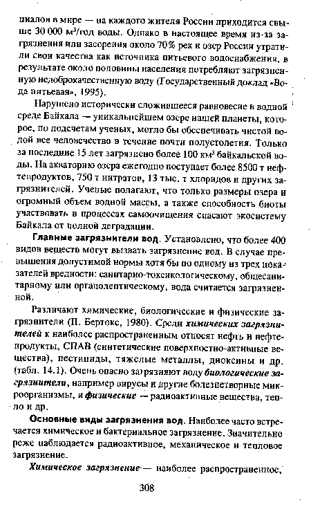 Нарушено исторически сложившееся равновесие в водной ! среде Байкала — уникальнейшем озере нашей планеты, которое, по подсчетам ученых, могло бы обеспечивать чистой водой все человечество в течение почти полустолетия. Только за последние 15 лет загрязнено более 100 км3 байкальской воды. На акваторию озера ежегодно поступает более 8500 т нефтепродуктов, 750 т нитратов, 13 тыс. т хлоридов и других загрязнителей. Ученые полагают, что только размеры озера и огромный объем водной массы, а также способность биоты участвовать в процессах самоочищения спасают экосистему Байкала от полной деградации.