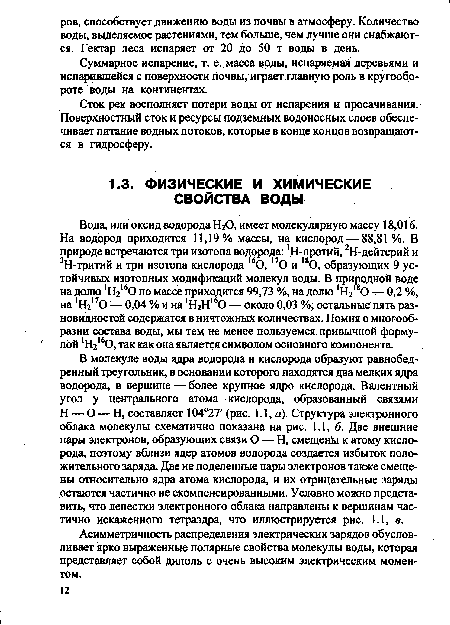 Асимметричность распределения электрических зарядов обусловливает ярко выраженные полярные свойства молекулы воды, которая представляет собой диполь с очень высоким электрическим моментом.