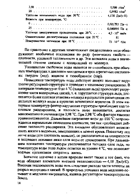 Уникальным свойством воды является ее способность при обычных температурах и давлении находиться в трех агрегатных состояниях: твердом (лед), жидком и газообразном (пар).