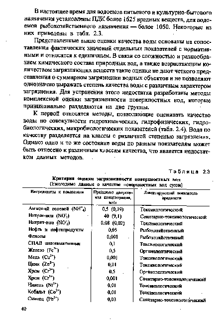 Представленные выше оценки качества воды основаны на сопоставлении фактических значений отдельных показателей с нормативными и относятся к единичным. В связи со сложностью и разнообразием химического состава природных вод, а также возрастающим личеством загрязняющих веществ такие оценки не дают четкого представления о суммарном загрязнении водных объектов и не позволяют однозначно рыражать степень качества воды с различным характером загрязнения. Для устранения этого недостатка разработаны методы комплексной оценки загрязненности поверхностных вод, которые принципиально разделяются на две группы.