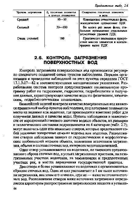 Контроль загрязнения поверхностных вод производится регулярно специально созданной сетью пунктов наблюдения. Порядок организации и проведения наблюдений на этих пунктах определен ГОСТ 17.1.3.07—82 и соответствующими методическими указаниями. Разработанная система контроля предусматривает согласованную программу работ по гидрохимии, гидрологии, гидробиологии и получение данных, характеризующих качество воды по физическим, химическим, гидробиологическим показателям.