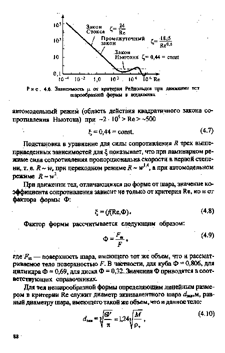 Зависимость ц от критерия Рейнольдса при движении тел шарообразной формы в жидкостях