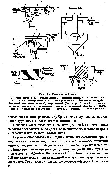 Основная масса взвешенных веществ (40—60%) в отстойниках выпадает в осадок в течение 1,5 ч. В большинстве случаев на это время и рассчитывают емкость отстойников.