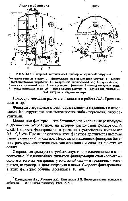 Медленные фильтры — это бетонные или кирпичные резервуары с дренажным устройством, на котором расположен фильтрующий слой. Скорость фильтрования в указанных устройствах составляет 0,1—0,3 м/ч. При использовании этих фильтров достигается высокая степень очистки сточных вод. Недостатки медленных фильтров: большие размеры, достаточно высокая стоимость и сложная очистка от осадка.