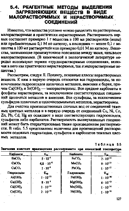 Для очистки производственных сточных вод от соединений тяжелых цветных металлов и в первую очередь от соединений Си, N1, Со, 2п, РЬ, С<1, Н£ их осаждают в виде соответствующих гидрооксидов, сульфатов либо карбанатов. Растворимость вышеуказанных соединений может быть охарактеризована также произведением растворимости. В табл. 5.5 представлены величины для произведений растворимости основных гидроксидов, сульфатов и карбонатов тяжелых цветных металлов.