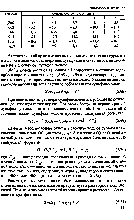 В отечественной практике для выделения из сточных вод сурьмы и мышьяка в виде малорастворимых сульфидов в качестве реагента-оса-дителя используют сульфат железа.