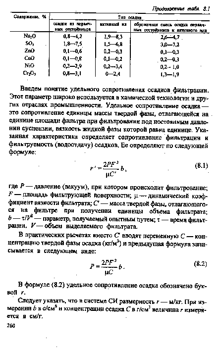 В формуле (8.2) удельное сопротивление осадка обозначено буквой г.