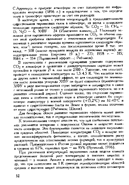 В соответствии с различными сценариями удвоение содержания СО2 в атмосфере в сравнении с доиндустриальным периодом может произойти в середине 21 в. или после 2100 г. Удвоение, как полагают, приведет к повышению температуры на 1,5-4,5 К. Что касается вклада других газов в парниковый эффект, то для следующих по значимости после диоксида углерода ХФУ он будет снижаться (прюизводство ХФУ в ряде высокоразвитых стран запрещено и сокращается в связи с негативной ролью не только в создании парникового эффекта, но и в развитии «озоновой дыры»). Считают также, что отсутствие парниковых газов и особенно водяного пара в атмосфере снизило бы современную температуру у земной поверхности (+15,2°С) на 32-40°С и привело к существованию биоты на Земле в формах, весьма отличных от ныне существующих (Рябчиков; Шилов).