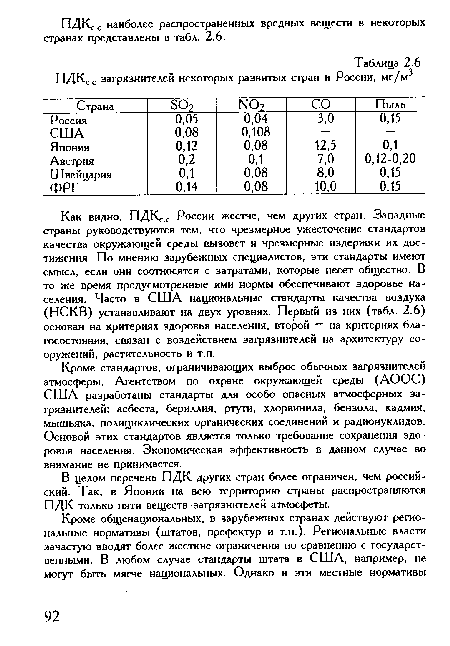 Кроме стандартов, ограничивающих выброс обычных загрязнителей атмосферы, Агентством по охране окружающей среды (АООС) США разработаны стандарты для особо опасных атмосферных загрязнителей: асбеста, бериллия, ртути, хлорвинила, бензола, кадмия, мышьяка, полициклических органических соединений и радионуклидов. Основой этих стандартов является только требование сохранения здоровья населения. Экономическая эффективность в данном случае во внимание не принимается.