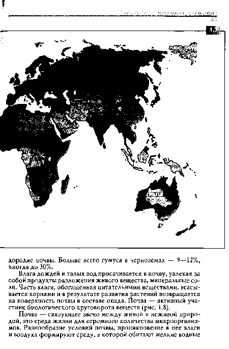 Влага дождей и талых вод просачивается в почву, увлекая за собой продукты разложения живого вещества, минеральные соли. Часть влаги, обогащенная питательными веществами, всасывается корнями и в результате развития растений возвращается на поверхность почвы в составе опада. Почва — активный участник биологического круговорота веществ (рис. 1.8).