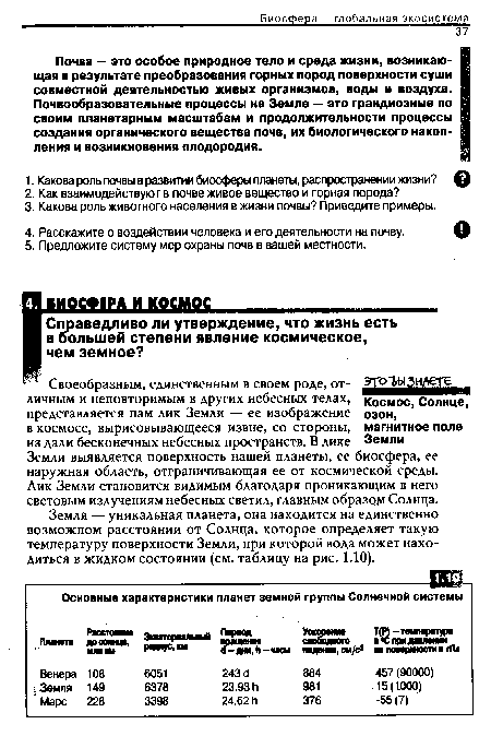 Земля — уникальная планета, она находится на единственно возможном расстоянии от Солнца, которое определяет такую температуру поверхности Земли, при которой вода может находиться в жидком состоянии (см. таблицу на рис. 1.10).