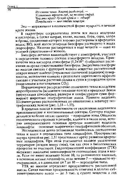 В гидросфере сосредоточена почти вся масса водорода и кислорода, а также натрия, калия, магния, бора, серы, хлора и брома, соединения которых хорошо растворимы в природных водах; 88% всей массы углерода биосферы растворено в водах гидросферы. Наличие растворенных в воде веществ — одно из условий существования живого.