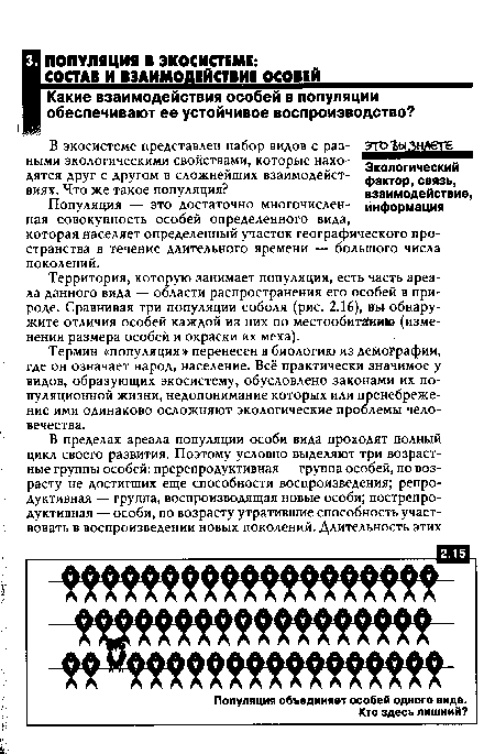 Территория, которую занимает популяция, есть часть ареала данного вида — области распространения его особей в природе. Сравнивая три популяции соболя (рис. 2.16), вы обнаружите отличия особей каждой из них по местообитанию (изменения размера особей и окраски их меха).