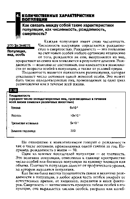 Один из важных показателей популяции — ее плотность. Это величина популяции, отнесенная к единице пространства: число особей или биомасса популяции на единицу площади или объема. Плотность популяции зависит от трофического уровня, на котором находится популяция.