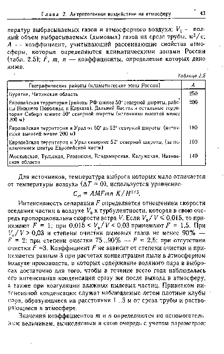 Интенсивность сепарации И определяется отношением скорости оседания частиц в воздухе Уъ к турбулентности, которая в свою очередь пропорциональна скорости ветра V. Если Ув/ V < 0,015, то принимают Р = 1; при 0,015 < Ув/У < 0,03 принимают Р = 1,5. При Уъ/ V > 0,03 и степени очистки дымовых газов не менее 90% — Р = 2; при степени очистки 75...90% — Р = 2,5; при отсутствии очистки Р =3. Коэффициент Р не зависит от степени очистки и принимается равным 3 при расчетах концентрации пыли в атмосферном воздухе производств, в которых содержание водяного пара в выбросах достаточно для того, чтобы в течение всего года наблюдалась его интенсивная конденсация сразу же после выхода в атмосферу, а также при коагуляции влажных пылевых частиц. Признаком интенсивной конденсации служат наблюдаемые летом плотные клубы пара, образующиеся на расстоянии 1...3 м от среза трубы и растворяющиеся в атмосфере.