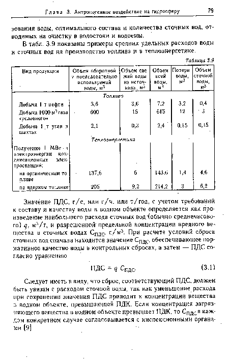 В табл. 3.9 показаны примеры средних удельных расходов воды и сточных вод на производство топлива и в теплоэнергетике.