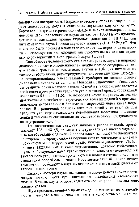 При возникновении внешних звуковых раздражителей, превышающих 135... 140 дБ, элементы внутреннего уха вместо нормальных колебательных движений.вперед-назад начинают перемещаться из стороны в сторону, снижая перепад между давлением в улитке и проникающим из окружающей среды звуковым давлением. Любая система защиты имеет свои ограничения, поэтому избыточные шумы, действующие даже кратковременно, вызывают повреждения внутреннего уха, которые проявляются в лучшем случае временным смещением порога слышимости. Восстановительный период может длиться от нескольких минут до нескольких дней в зависимости от степени повреждения.