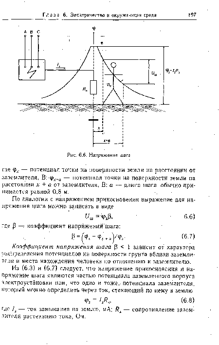 Коэффициент напряжения шага Р < 1 зависит от характера распределения потенциалов на поверхности грунта вблизи заземлителя и места нахождения человека по отношению к заземлителю.