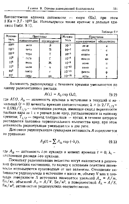 Внесистемная единица активности — кюри (Ки), при этом 1 Ки = 3,7 • 1010 Бк. Используются также кратные и дольные единицы (табл. 9.1).