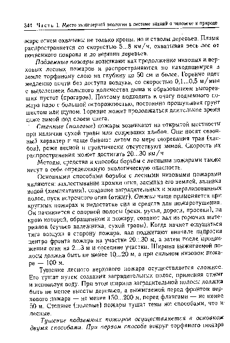 Основными способами борьбы с лесными низовыми пожарами являются: захлестывание кромки огня, засыпка его землей, заливка водой (химикатами), создание заградительных и минерализованных полос, пуск встречного огня (отжиг). Отжиг чаще применяется при крупных пожарах и недостатке сил и средств для пожаротушения. Он начинается с опорной полосы (реки, ручья, дороги, просеки), на краю которой, обращенном к пожару, создают вал из горючих материалов (сучьев валежника, сухой травы). Когда начнет ощущаться тяга воздуха в сторону пожара, вал поджигают вначале напротив центра фронта пожара на участке 20. .30 м, а затем после продвижения огня на 2...3 м и соседние участки. Ширина выжигаемой полосы должна быть не менее 10...20 м, а при сильном низовом пожаре — 100 м.