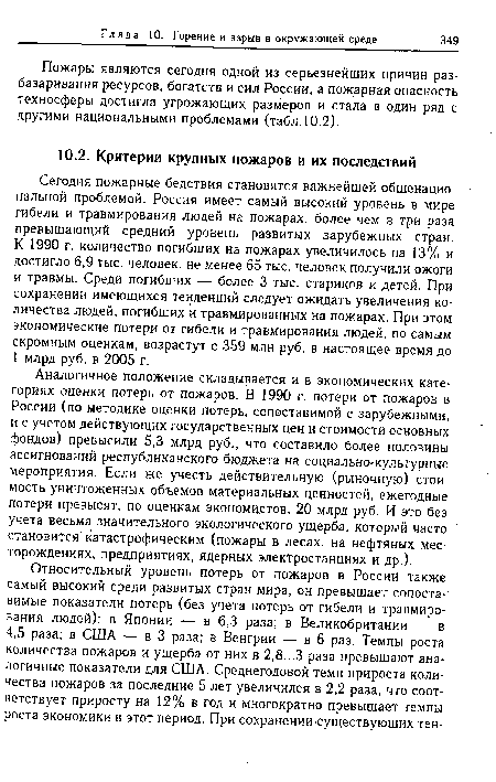 Аналогичное положение складывается и в экономических категориях оценки потерь от пожаров. В 1990 г. потери от пожаров в России (по методике оценки потерь, сопоставимой с зарубежными, и с учетом действующих государственных цен и стоимости основных фондов) превысили 5,3 млрд руб., что составило более половины ассигнований республиканского бюджета на социально-культурные мероприятия. Если же учесть действительную (рыночную) стоимость уничтоженных объемов материальных ценностей, ежегодные потери превысят, по оценкам экономистов, 20 млрд руб. И это без учета весьма значительного экологического ущерба, который часто становится катастрофическим (пожары в лесах, на нефтяных месторождениях, предприятиях, яДерных электростанциях и др.).