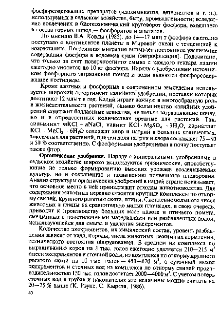 Органические удобрения. Наряду с минеральными удобрениями в сельском хозяйстве широко используются органические, способствующие не только формированию высоких урожаев возделываемых культур, но и сохранению и повышению почвенного плодородия. Анализ структуры органических удобрений в нашей стране показывает, что основное место в ней принадлежит отходам животноводства. Для содержания животных нередко строятся крупные комплексы по откорму свиней, крупного рогатого скота, птицы. Скопление большого числа животных и птицы на сравнительно малых площадях, в свою очередь, приводит к производству больших масс навоза и птичьего помета, смешанных с подстилочными материалами или разбавленных водой, использующейся для смыва и удаления экскрементов.