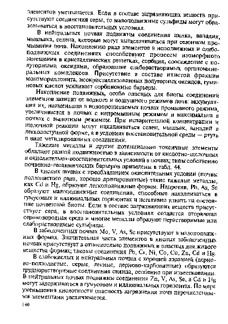Накопление подвижных, особо опасных для биоты соединений элементов зависит от водного и воздушного режимов почв: аккумуляция их, наименьшая в водопроницаемых почвах промывного режима, увеличивается в почвах с непромывным режимом и максимальна в почвах с выпотным режимом. При испарительной концентрации и щелочной реакции могут накапливаться селен, мышьяк, ванадий в легкодоступной форме, а в условиях восстановительной среды — ртуть в виде метилированных соединений.