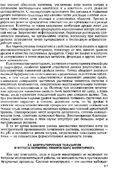 Все перечисленные показатели и свойства должны входить в задачи агроэкологического мониторинга, поскольку от них зависят уровень урожая и качество получаемых продуктов. Сюда же входит и контроль за содержанием в почве тяжелых металлов, фторидов и других токсичных компонентов.