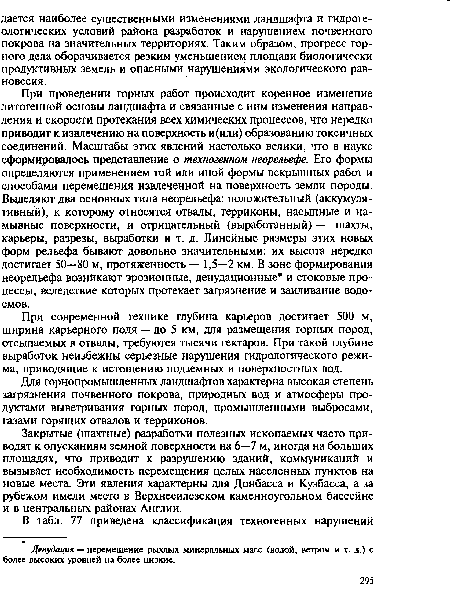 При современной технике глубина карьеров достигает 500 м, ширина карьерного поля — до 5 км, для размещения горных пород, отсыпаемых в отвалы, требуются тысячи гектаров. При такой глубине выработок неизбежны серьезные нарушения гидрологического режима, приводящие к истощению подземных и поверхностных вод.